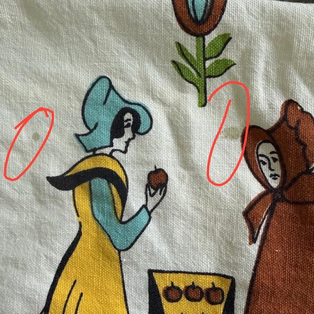 Vintage Folk Art Tablecloth Yellow Dutch Figures Floral Wreath 50x62 Rectangular